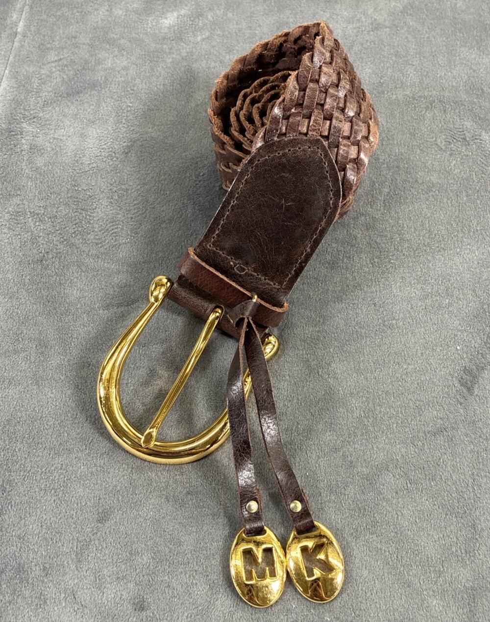 Michael Kors 553633 2” Wide Braided Leather Belt, Size S, Gold Hardware